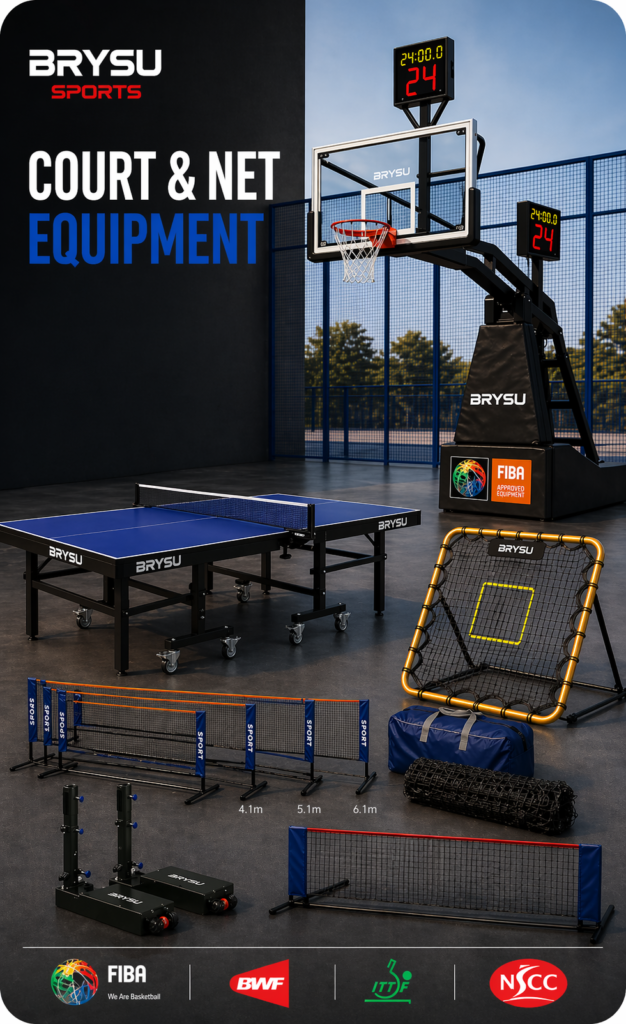 Professional Court & Net Equipment supplier offering basketball hoops, table tennis tables, rebound nets, portable court systems, OEM customization, and export solutions worldwide.
