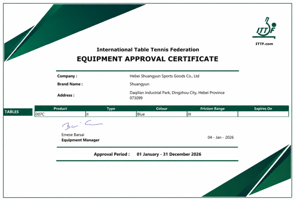 ITTF certified table tennis table certificate